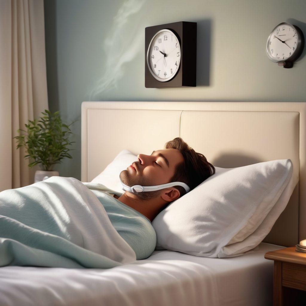 A peaceful bedroom scene featuring a person asleep in a comfortable position wearing a sleek CPAP mask, soft pillows and blankets surrounding them, a bedside table with a clock at 10:00 PM, relaxing ambient lighting casting a serene glow, and a subtle illustration of sound waves dissipating around them symbolizing the end of snoring. super-realistic. calming colors. cozy atmosphere.