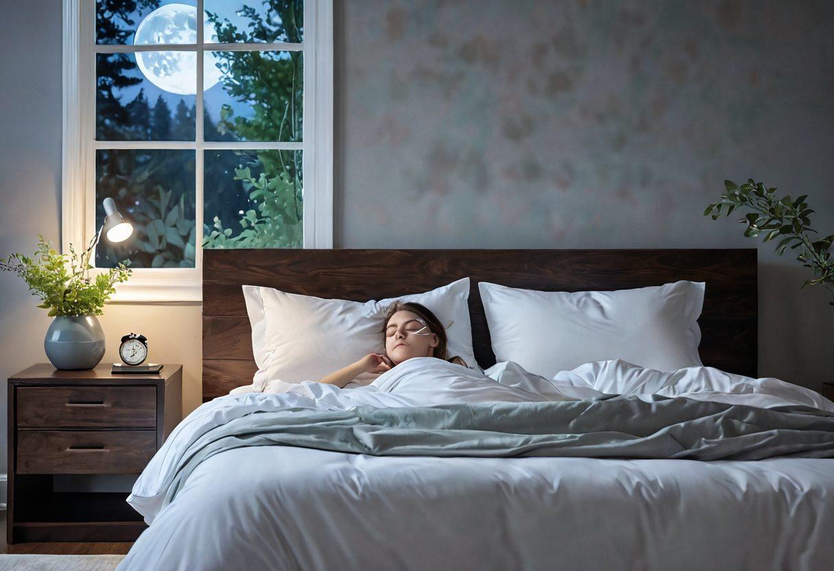 A serene bedroom scene featuring a comfortable bed with soft pillows, a sleek CPAP machine on a bedside table emitting a gentle glow, and a relaxed person peacefully sleeping with a CPAP mask. Soft, calming colors create an atmosphere of tranquility, with a hint of nature seen through a window, such as a moonlit night or gentle greenery. The overall mood invokes relaxation and improved sleep quality. super-realistic. calming colors. 3D.