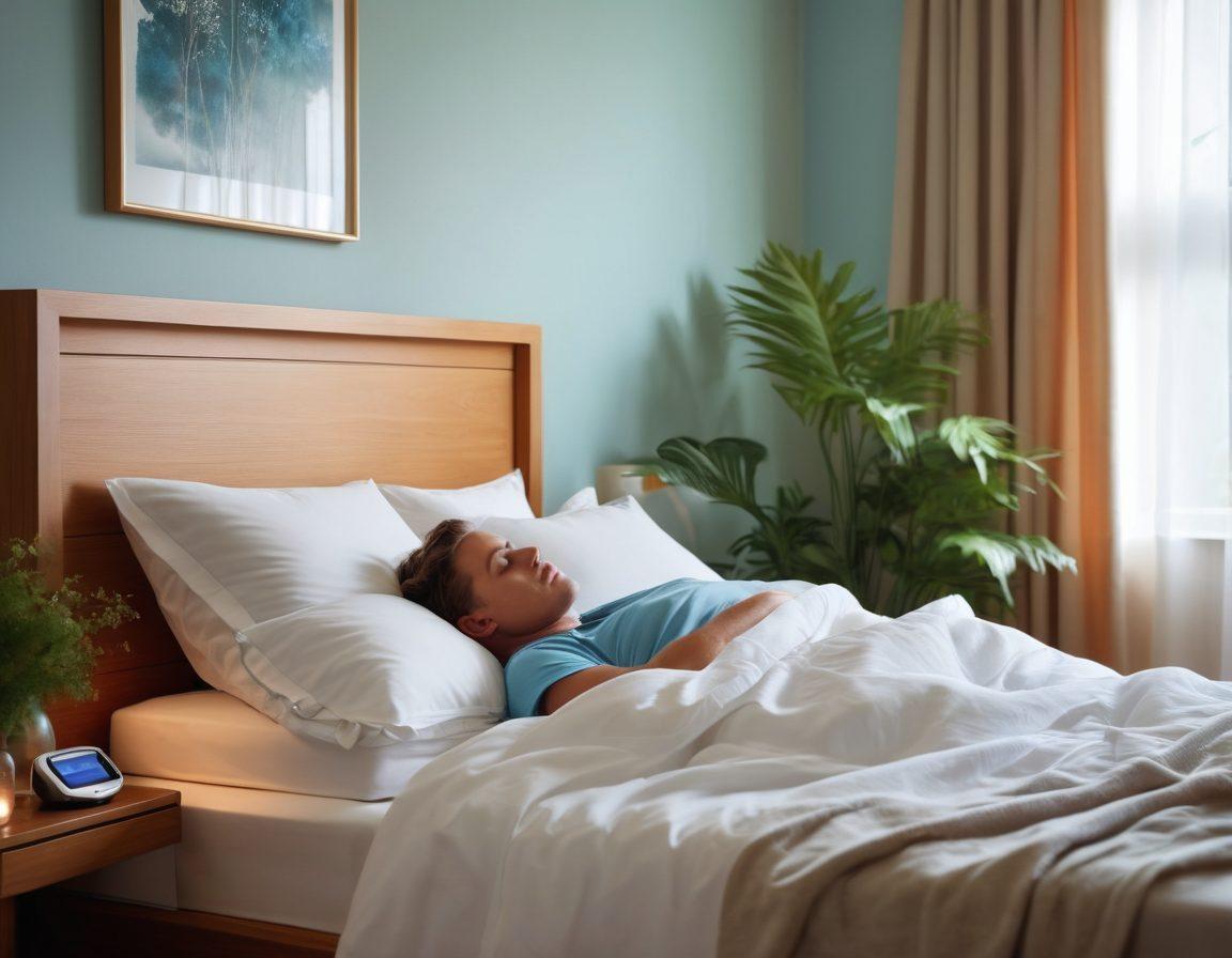 A serene bedroom scene featuring a person peacefully sleeping with a Continuous Positive Airway Pressure (CPAP) machine beside them, softly radiating blue light. Lush greenery can be seen through a window, symbolizing fresh air and calmness. The room is soothingly decorated with minimalistic furniture and gentle colors. Include a soft, warm glow enhancing the atmosphere of relaxation and well-being. super-realistic. calming colors. high detail.